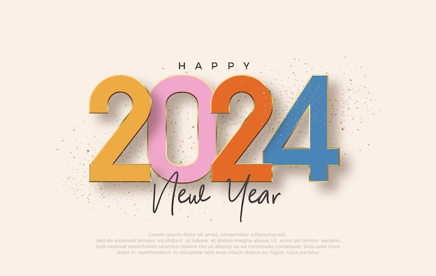 Diseño retro colorido Feliz año nuevo 2024 Con un fondo oscuro y brillante del fondo premium para pancartas, carteles o calendario