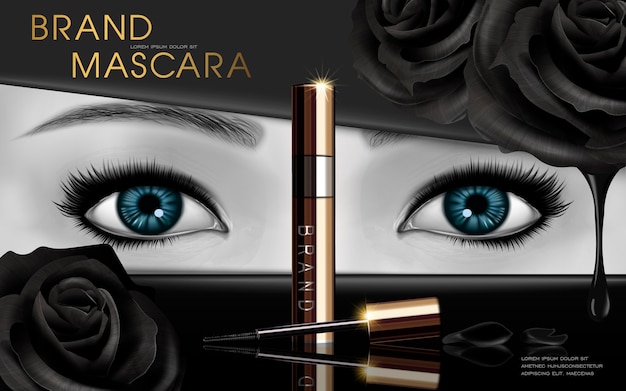 Diseño de rímel con ojos azules y rosa negra.