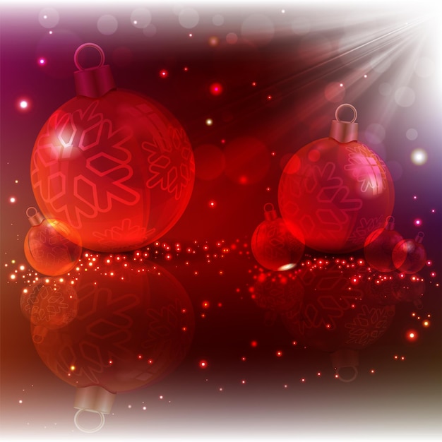 Diseño rojo navideño con bolas de cristal y haces de luz.