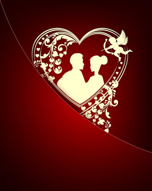 Diseño rojo oscuro con la silueta del corazón y una pareja amorosa en el bolsillo