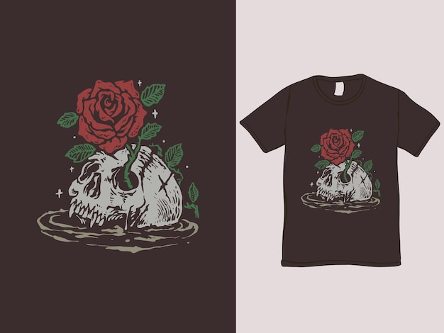 Diseño romántico de camiseta vintage rosa y calavera.