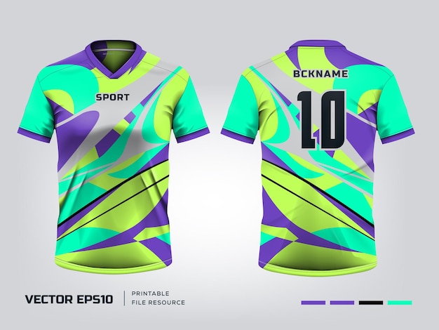 Diseño de ropa para camisas deportivas Juegos de fútbol, carreras, camisetas de motocross, maqueta y diseño para uniformes deportivos, vista delantera y trasera