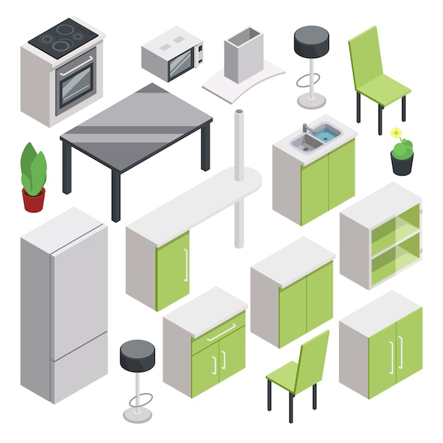 Diseño de sala 3d. vector conjunto de muebles isométricos para cocina