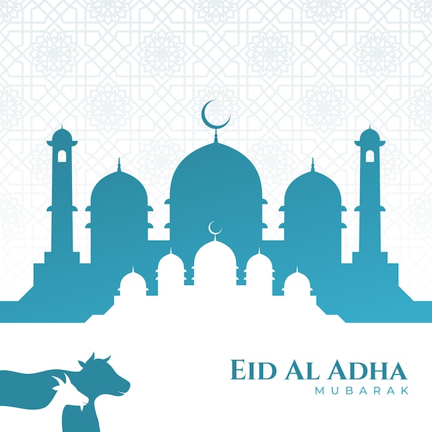 Diseño de saludo de Eid Al Adha con mezquita y silueta de una vaca y una cabra