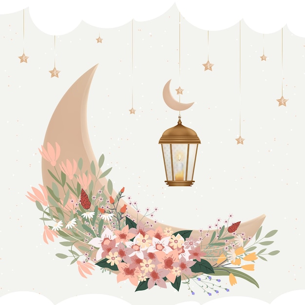 Diseño de saludo de Eid al Adha Mubarak con Luna Creciente y Estrella colgando de una flor de ramo de linterna árabe sobre fondo beige Tarjeta vectorial de la religión musulmana simbólica para Eid al fitr Ramadan Kareem