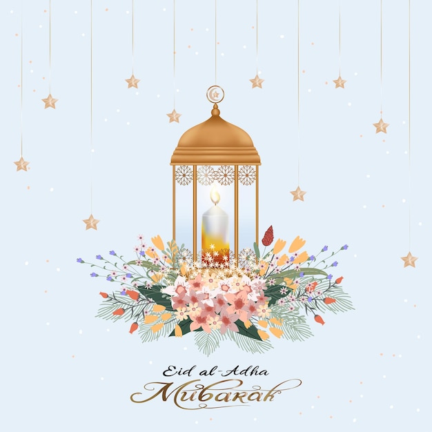 Diseño de saludo de eid al adha mubarak con luna creciente y estrella colgando de una flor de ramo de linterna árabe sobre fondo beige tarjeta vectorial de la religión musulmana simbólica para eid al fitr ramadan kareem