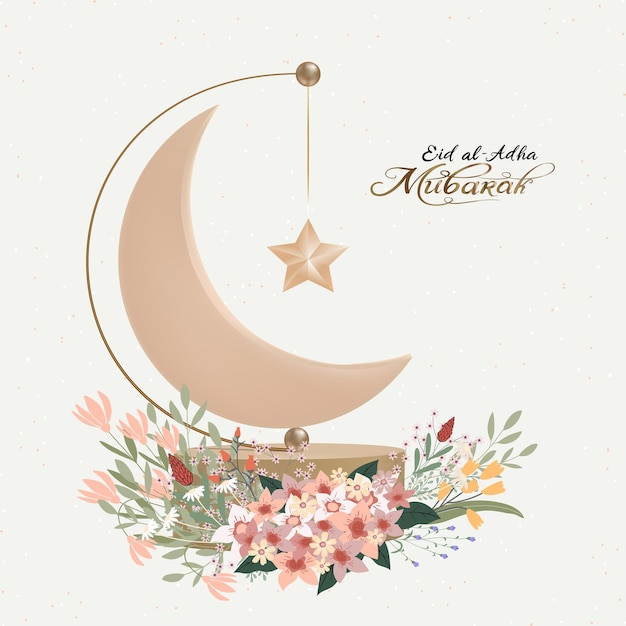 Diseño de saludo de eid al adha mubarak con luna creciente y estrella colgando en soporte 3d y flor de ramo sobre fondo beige tarjeta vectorial de religión musulmana simbólica para eid al fitr ramadan kareem