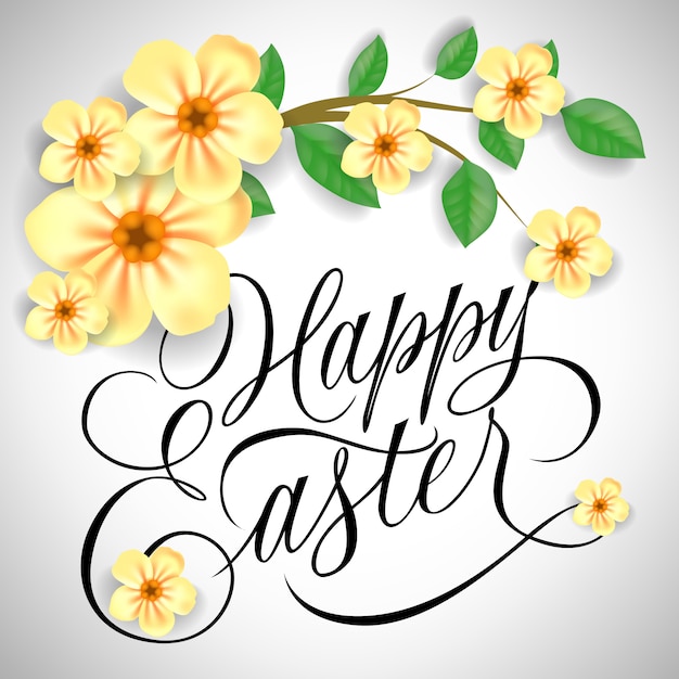 Diseño de saludo festivo feliz de Pascua con la ramita floreciente.