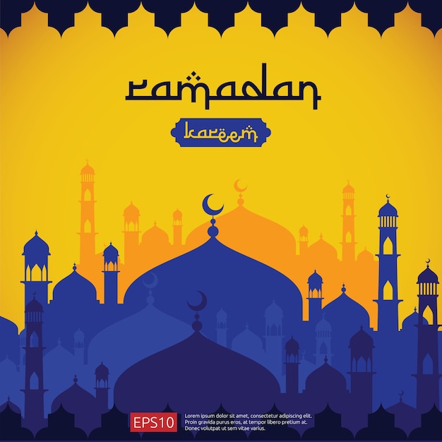 Diseño de saludo islámico de Ramadán Kareem con elemento de mezquita cúpula en estilo plano