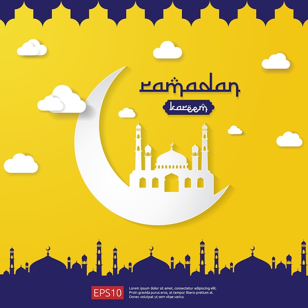 Diseño de saludo islámico de Ramadan Kareem con el elemento de la mezquita de la luna y la cúpula en estilo plano.