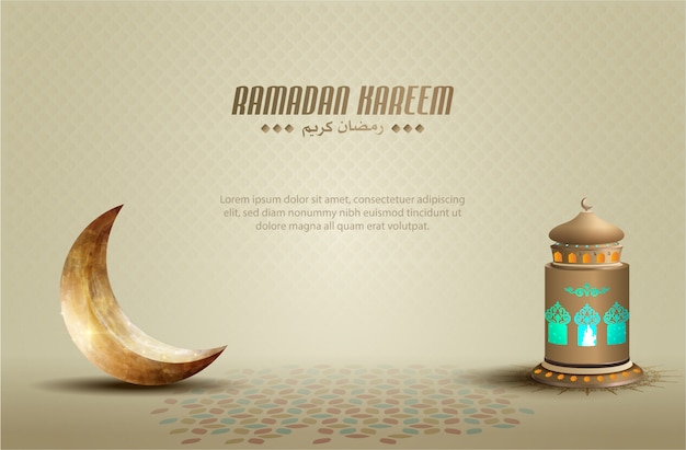 Diseño de saludo islámico ramadán kareem con linterna dorada y media luna