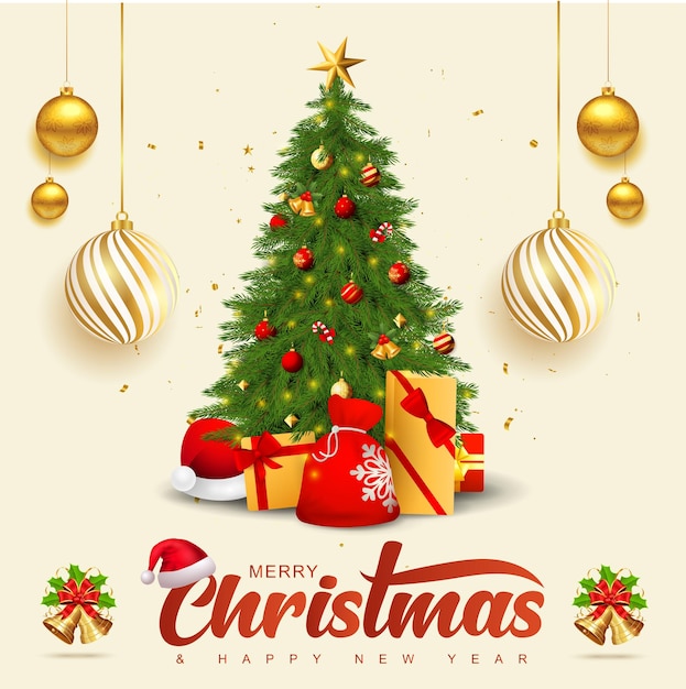 diseño de saludos de Navidad con bolas de oro y hojas de pino