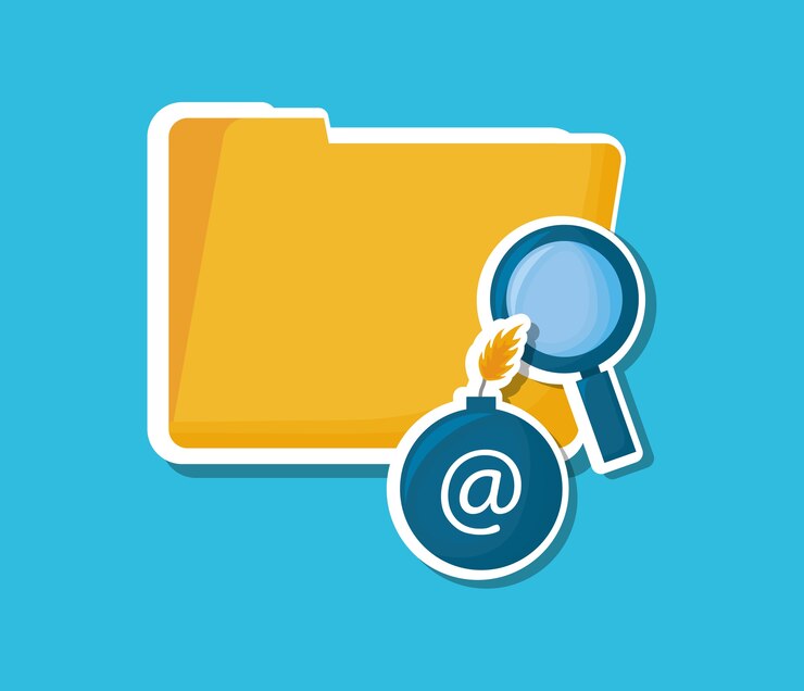 Vector diseño de seguridad cibernética con carpeta de documentos y escudo lupe