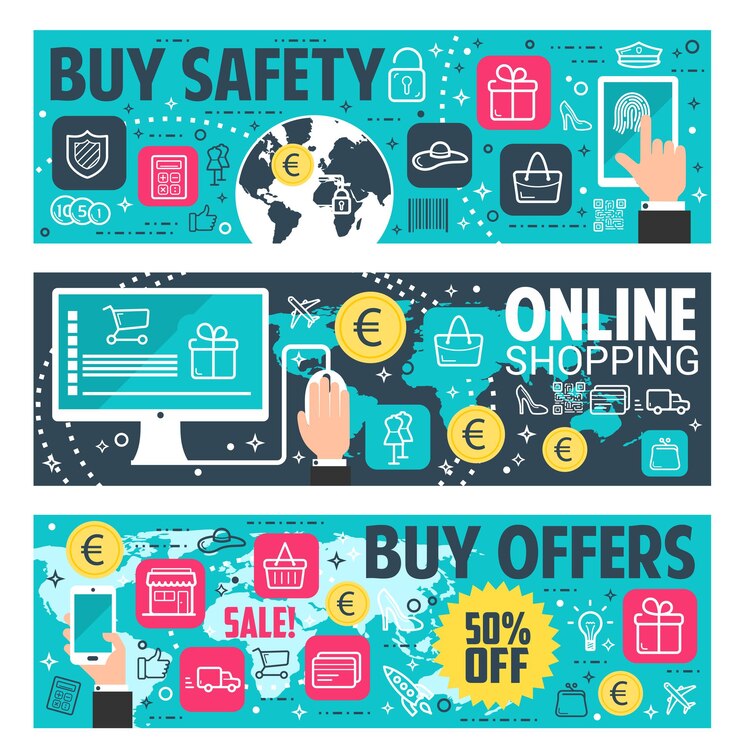 Vector diseño seguro de comercio electrónico de banner de compras en línea