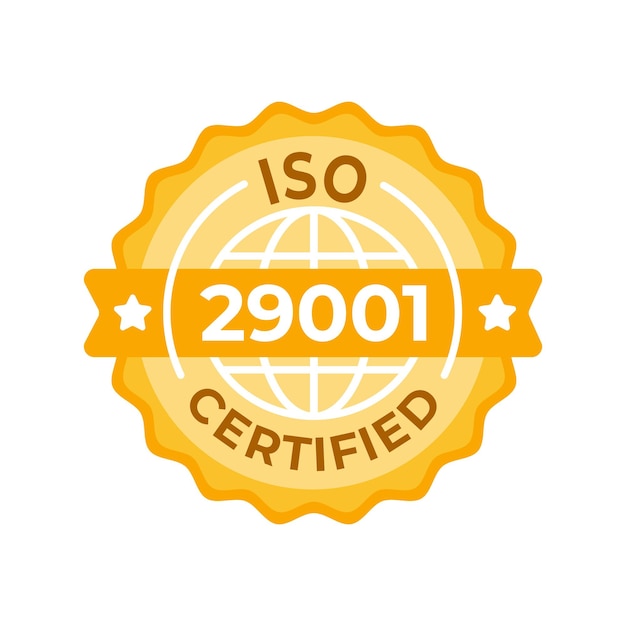 Diseño de sello certificado ISO 29001 Un emblema dorado y blanco de primera calidad para sistemas de gestión de calidad