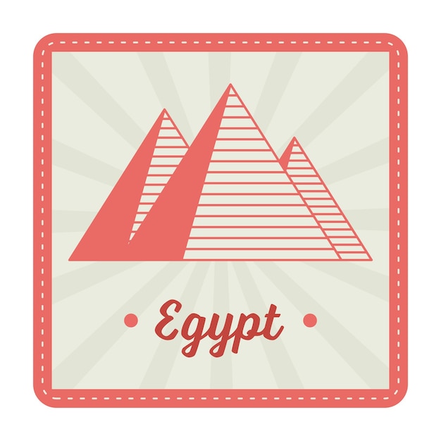 Diseño de sello o pegatina de Egipto con pirámide contra fondo de rayos en color naranja y gris
