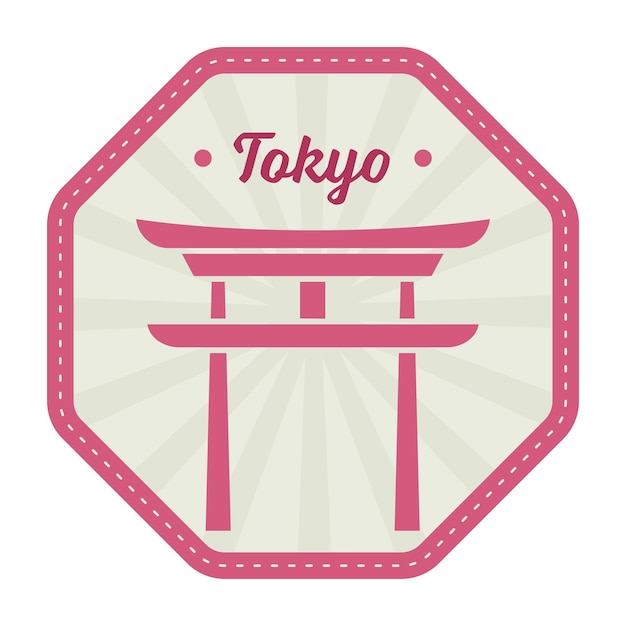 Diseño de sello o pegatina de tokio con puerta torii con rayos sobre fondo hexagonal en color rosa y gris