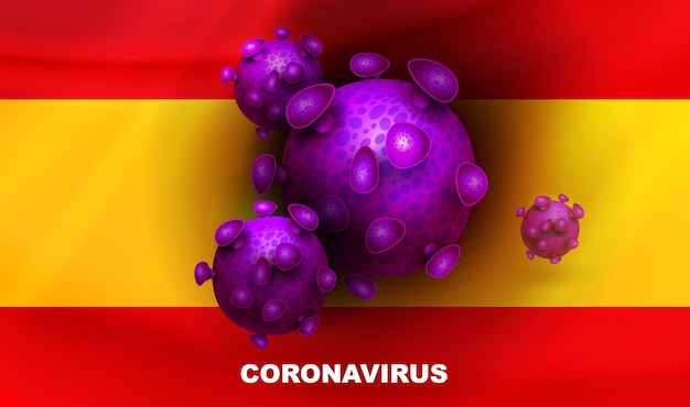 Diseño con silueta de bandera de españa y elementos abstractos de coronavirus