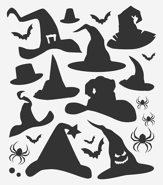 Diseño de silueta de calabaza de sombrero de Halloween en blanco y negro o diseño de icono de calabaza y murciélago de sombrero de Halloween