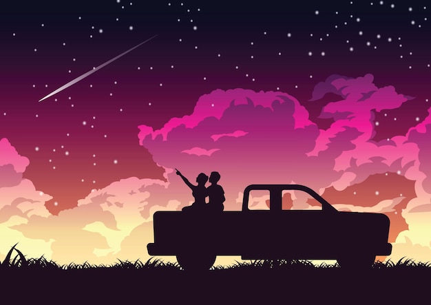 Diseño de silueta de pareja en la parte trasera del camión para mirar ilustración de estrellas