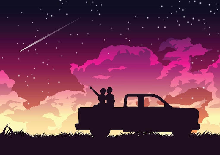 Vector diseño de silueta de pareja en la parte trasera del camión para mirar ilustración de estrellas