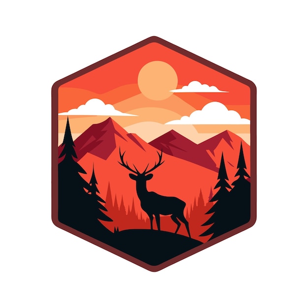 Diseño de silueta retro vectorial del paisaje del parque nacional con montañas, bosques y vida silvestre