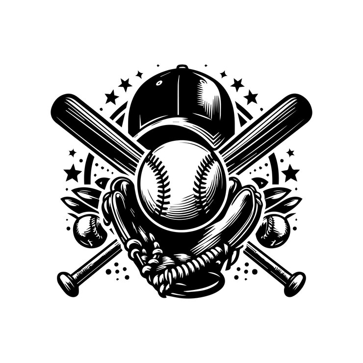 Diseño de silueta vectorial de béisbol en blanco y negro