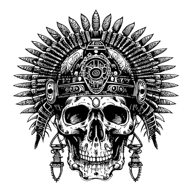 Diseño simbólico del tatuaje del cráneo del guerrero indio que representa la fuerza, el coraje y el espíritu guerrero