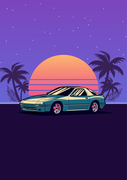 Vector diseño simple del cartel del vector del coche deportivo retrowave