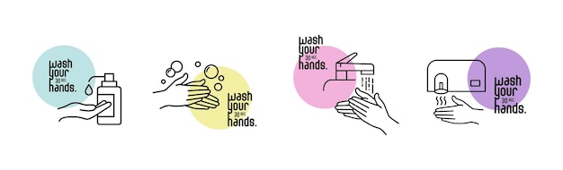 Diseño simple para lavarse las manos con icono de jabón. Las letras se lavan las manos. Ilustración de vector de línea