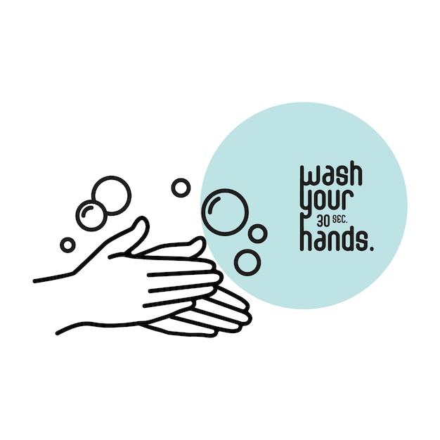 Diseño simple para lavarse las manos con icono de jabón. Las letras se lavan las manos. Ilustración de vector de línea