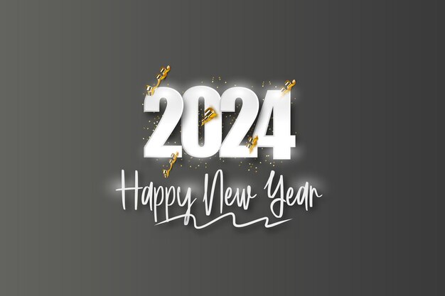 Diseño simple y limpio Feliz Año Nuevo 2024 Números plateados con confeti dorado para fondo