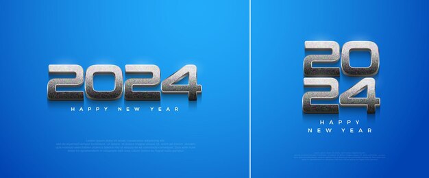 Diseño simple y moderno feliz año nuevo 2024 con una fuente metálica plateada delgada diseño vectorial premium para carteles, pancartas, calendario y saludos