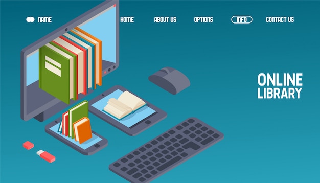 Diseño del sitio web de la biblioteca en línea, leer libros en computadora, teléfono, tableta