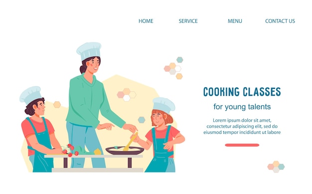 Diseño de sitio web de clase de cocina para niños con ilustración de vector plano para niños