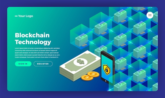 Diseño de sitio web concepto de diseño plano blockchain y criptomoneda