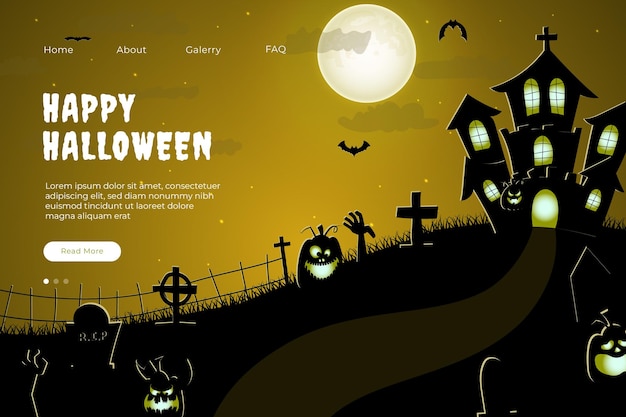 Diseño de sitio web feliz Halloween. Plantilla plana de página de destino de Halloween con siluetas de calabazas, b