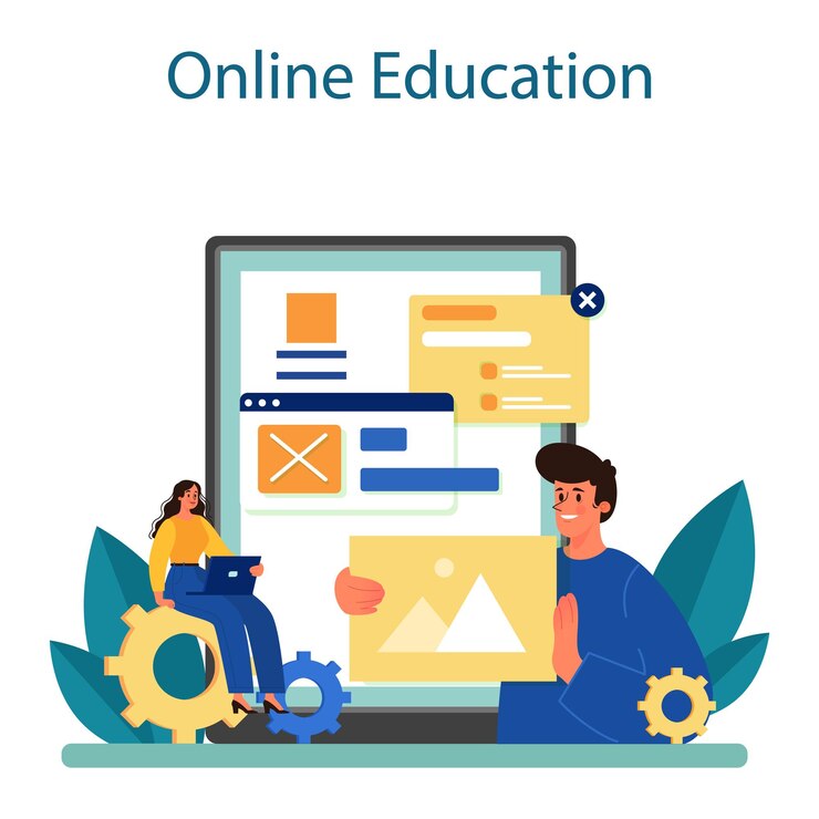 Vector diseño de sitio web servicio o plataforma en línea desarrollo web diseño y optimización de aplicaciones móviles plantilla de interfaz de usuario de construcción de personas educación en línea ilustración de vector plano