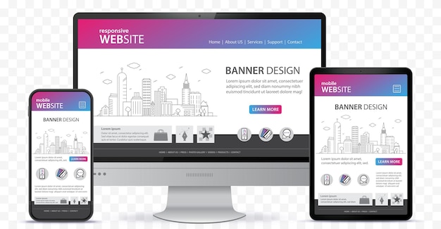 Vector diseño de sitios web con computadora de escritorio, tablet pc y ilustración vectorial de pantalla de teléfono móvil
