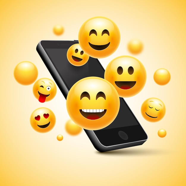 Diseño de smiley feliz emoji con teléfono móvil.