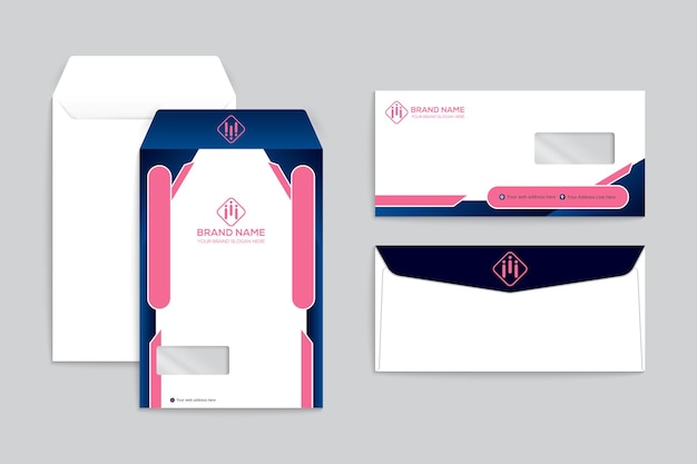 Diseño de sobre azul marino y rosa con logotipo floral