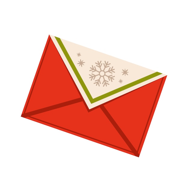 Diseño de sobre navideño cerrado en colores rojo beige y verde con copos de nieve