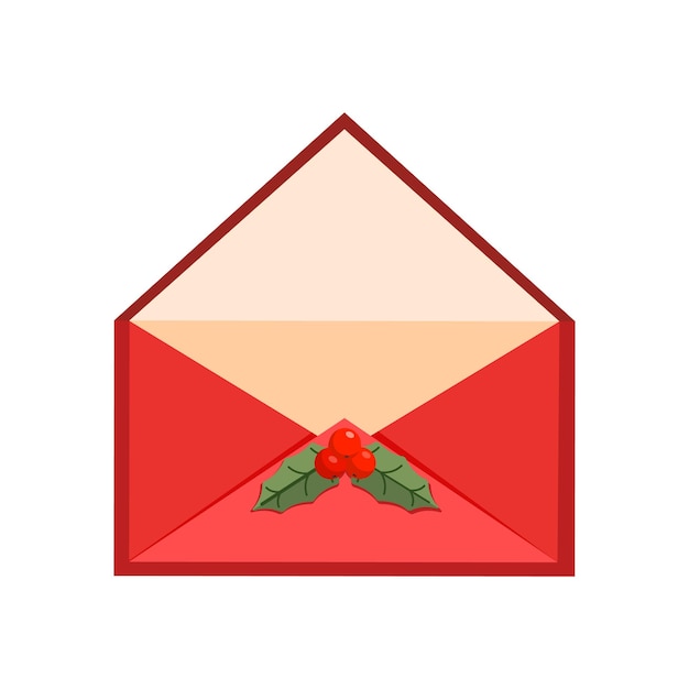Diseño de sobre rojo vacío de Navidad abierto con bayas y hojas aisladas sobre fondo blanco
