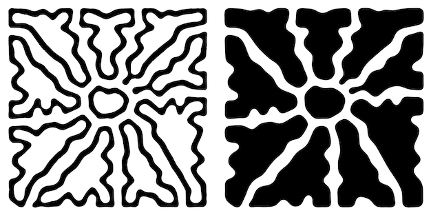 Diseño de sol groovy abstracto con formas orgánicas en blanco y negro en un patrón geométrico audaz