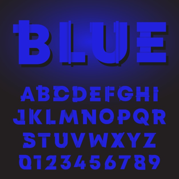 Diseño de sombra degradado azul de letras y números. Fuente del alfabeto