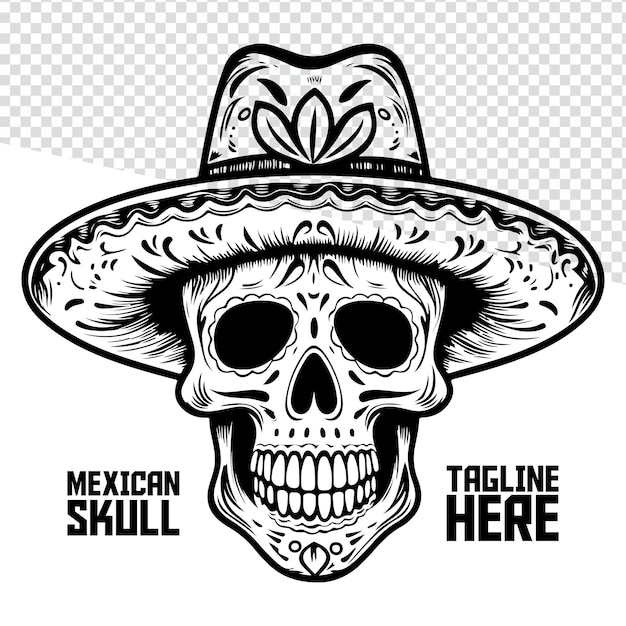 Diseño de sombrero mexicano de calavera vectorial Cartel de marca de emblema de calavera dibujado a mano
