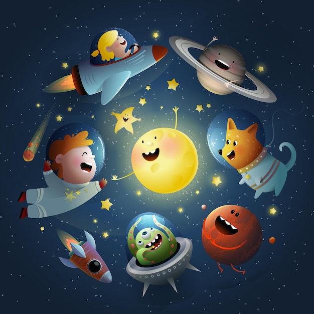 Vector diseño de space and galaxy kids con dog sun and star