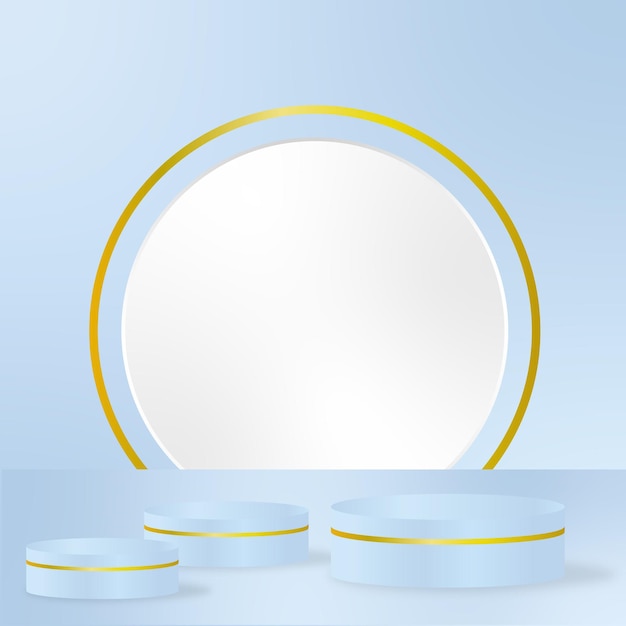 Diseño de stand de 3 productos de escaparate de podio realista Vector azul y dorado