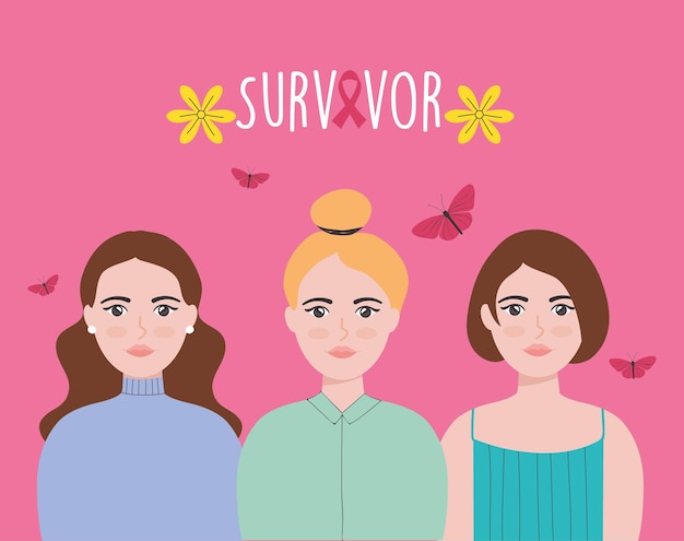 Diseño de supervivientes de cáncer con mujeres y mariposas.