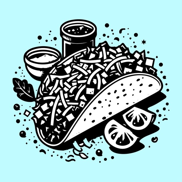 Vector un diseño de taco en blanco y negro con fondo azul